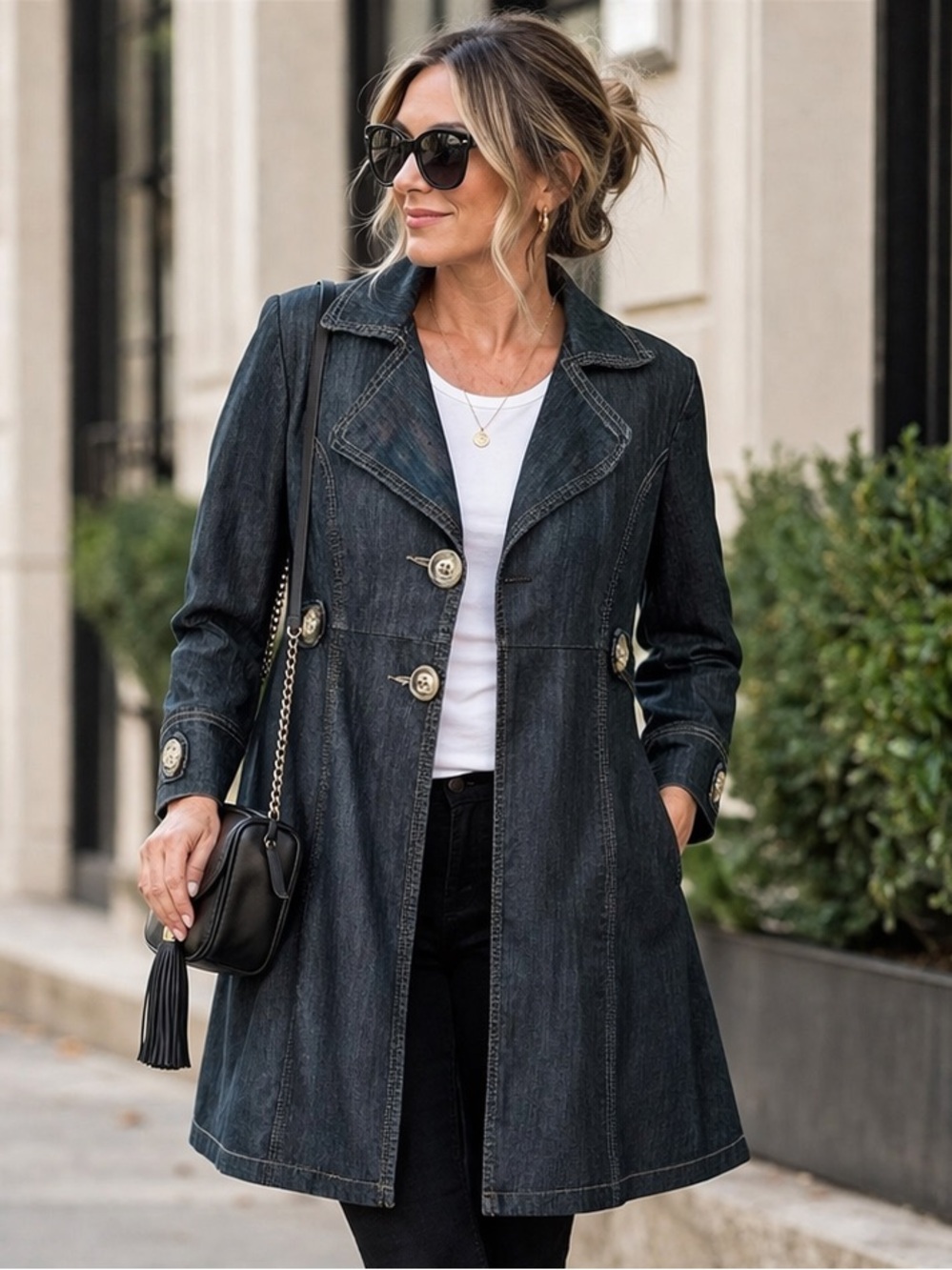 Y2K Dressbarn Long Dark Wash Denim Jacket Contrast Stitching and Accent Buttons